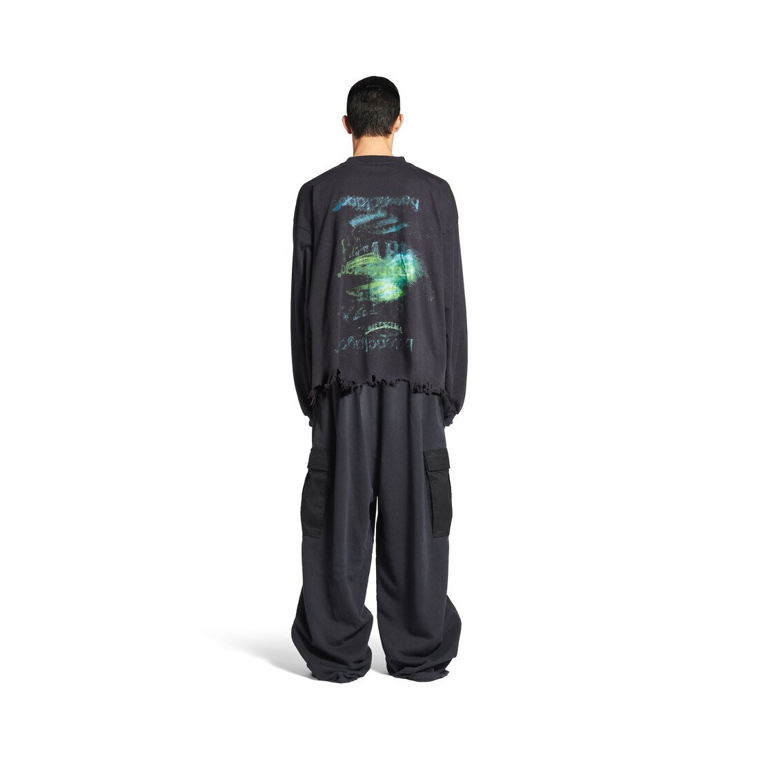 MEN'S DIY IMPRINT CROPPED LONG SLEEVE T-SHIRT IN BLACK FADED