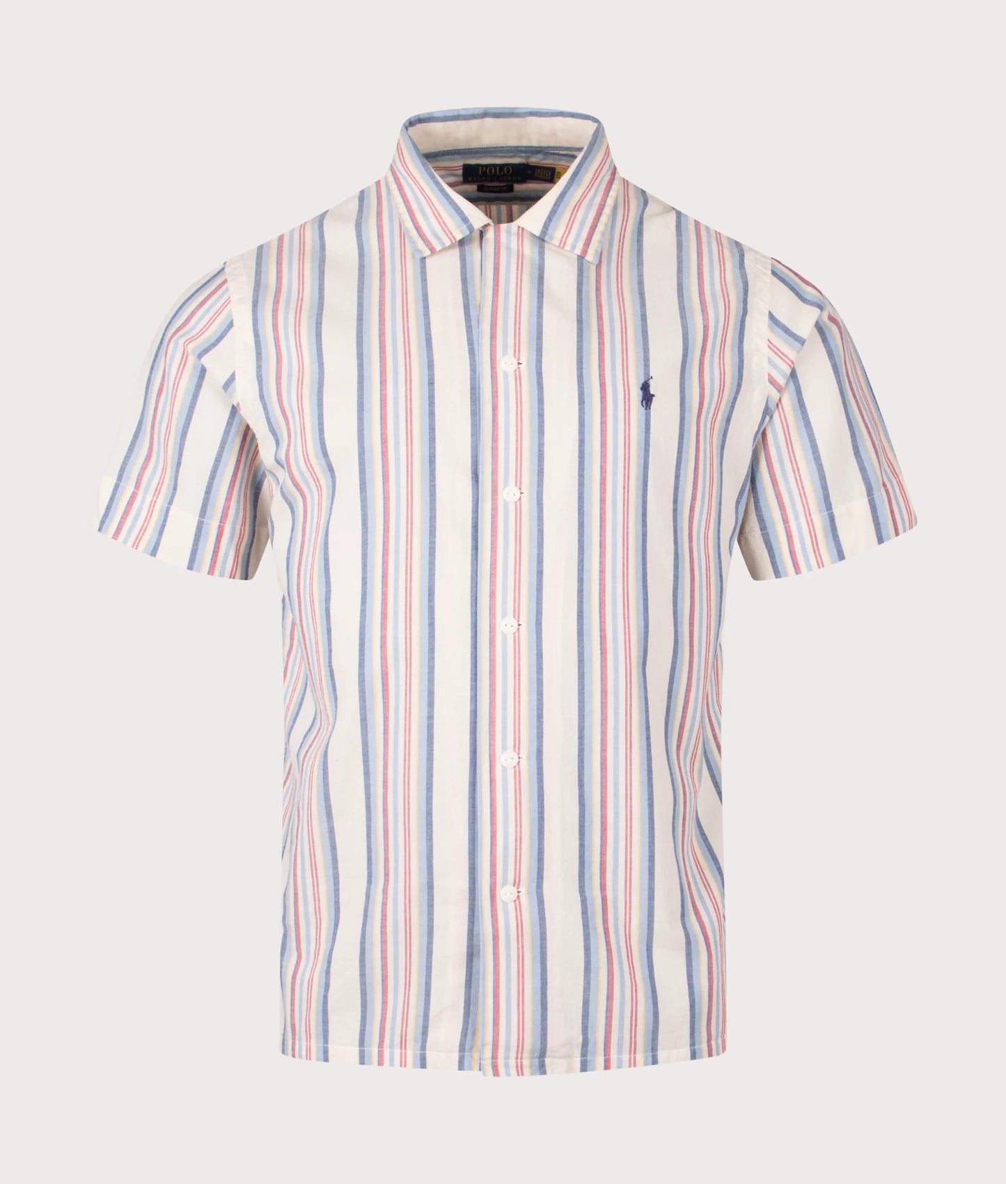Classic Fit Short Sleeve Striped Chambray Camp Shirt
