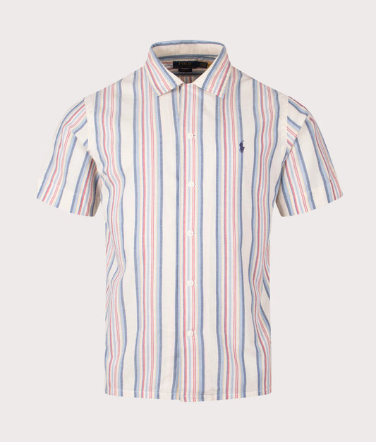 Classic Fit Short Sleeve Striped Chambray Camp Shirt