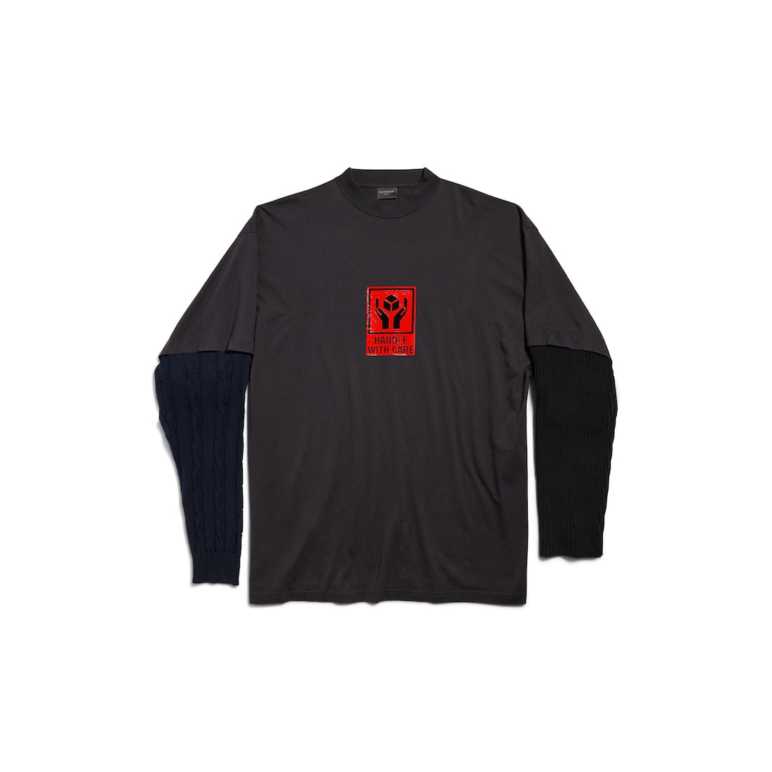 MEN'S HANDLE WITH CARE PATCHED SLEEVES T-SHIRT IN BLACK FADED