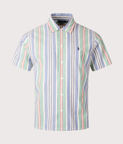 Classic Fit Short Sleeve Striped Chambray Camp Shirt