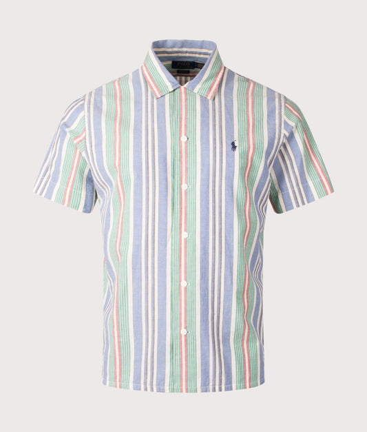 Classic Fit Short Sleeve Striped Chambray Camp Shirt