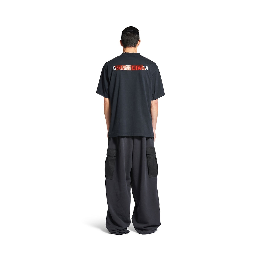 MEN'S TAPED BALENCIAGA BACK T-SHIRT MEDIUM FIT IN FADED BLACK/WHITE/RED