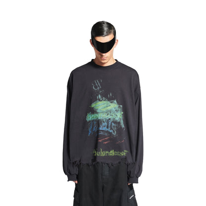 MEN'S DIY IMPRINT CROPPED LONG SLEEVE T-SHIRT IN BLACK FADED